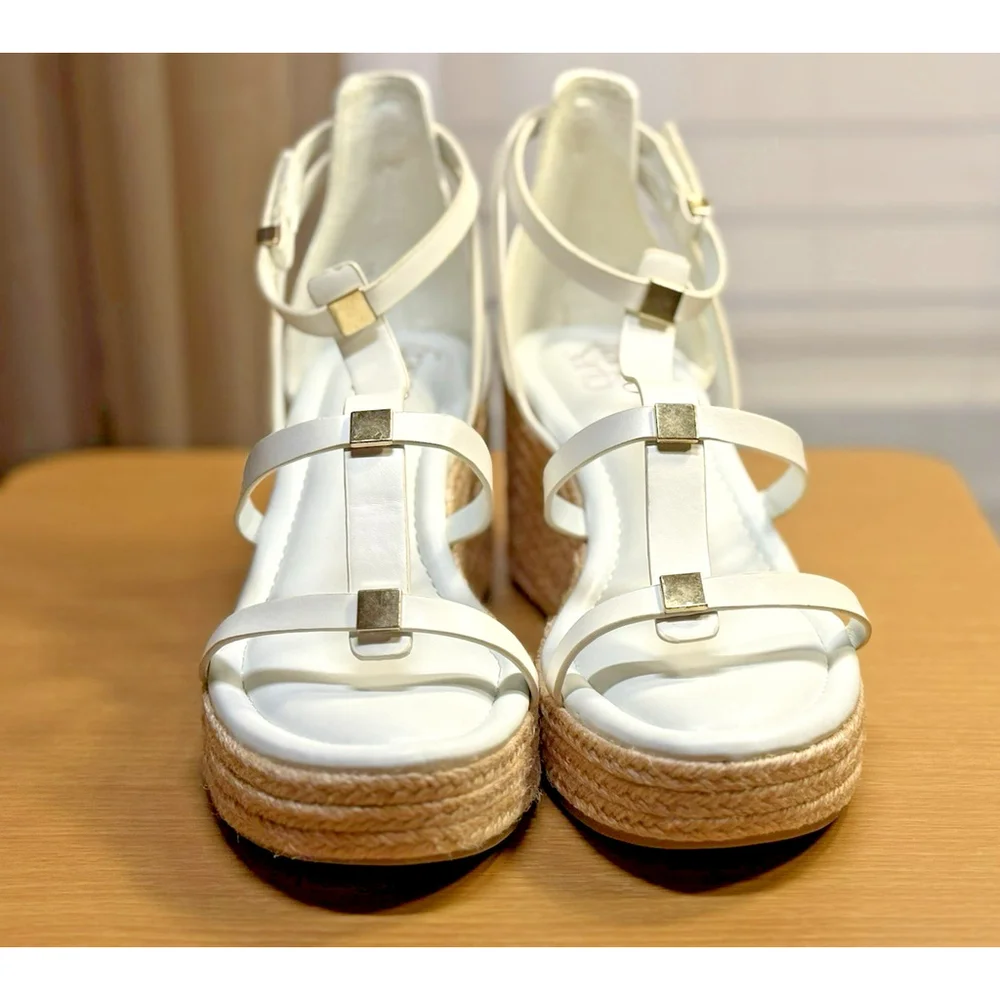 Franco Sarto Studded Caged Strap Espadrille Platform Wedge Sandal Size 9 M WHITE